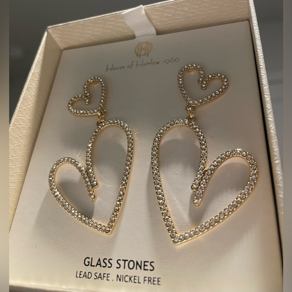 NIB House of Harlow 1960 Double Heart-Shaped Glass Stone Earrings